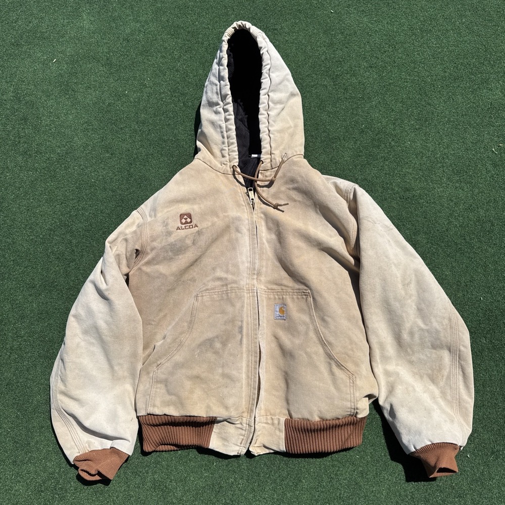 Mens Carhartt Washed Duck Canvas Hoodie Jacket Large Tan